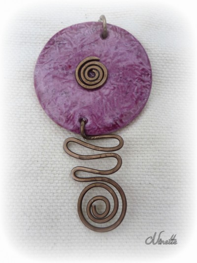 pendentif, pâte polymère, rond, violet, wire